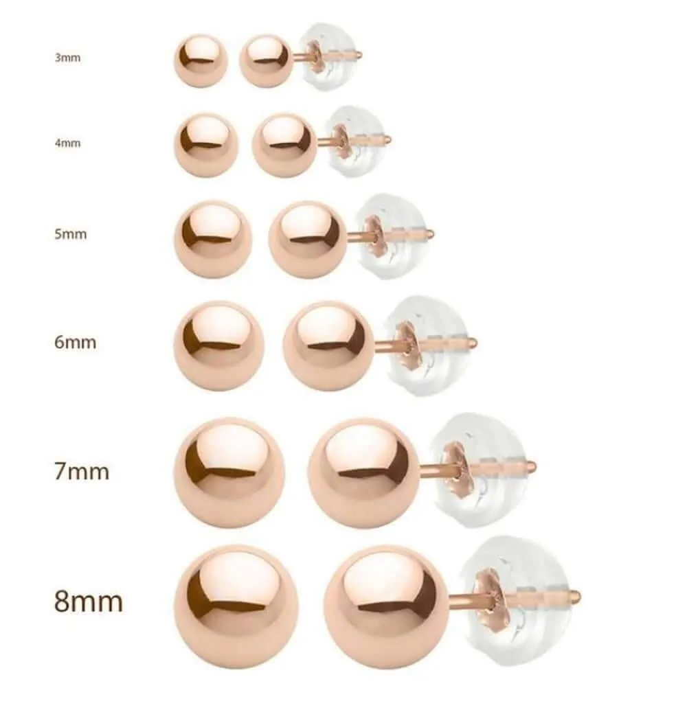 14K Rose Gold Ball Earrings High Polished from 3MM to 10MM Silicone Protected Gold Pushbacks