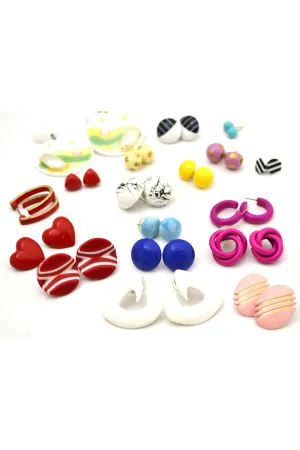 18 Pair Bright Colorful Vintage Earrings Pierced 1960s - 1980s