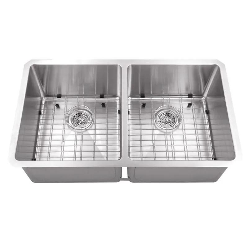 32" 50/50 Double-Basin 16G Undermount Kitchen Sink in Brushed Stainless Steel (32" x 19" x 10")