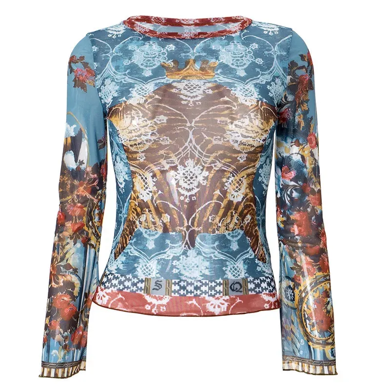 Abstract Print Mesh Sheer Graphic T Shirts Fall Clothes 2024 Women Vintage Long Sleeve Crop Tops 2000s Y2k P85-BZ10