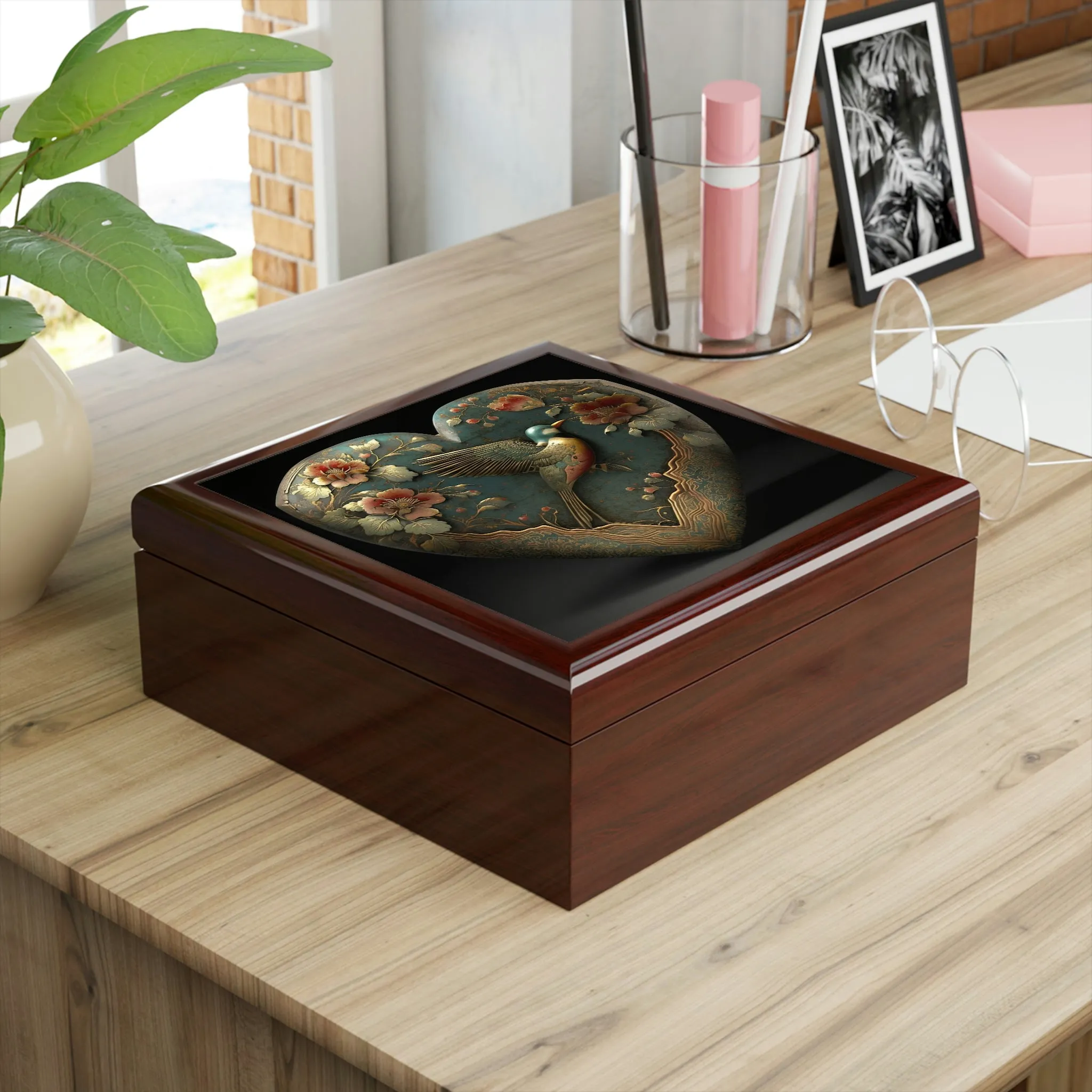 Antique Heirloom Heart Wood Keepsake Jewelry Box with Ceramic Tile Cover