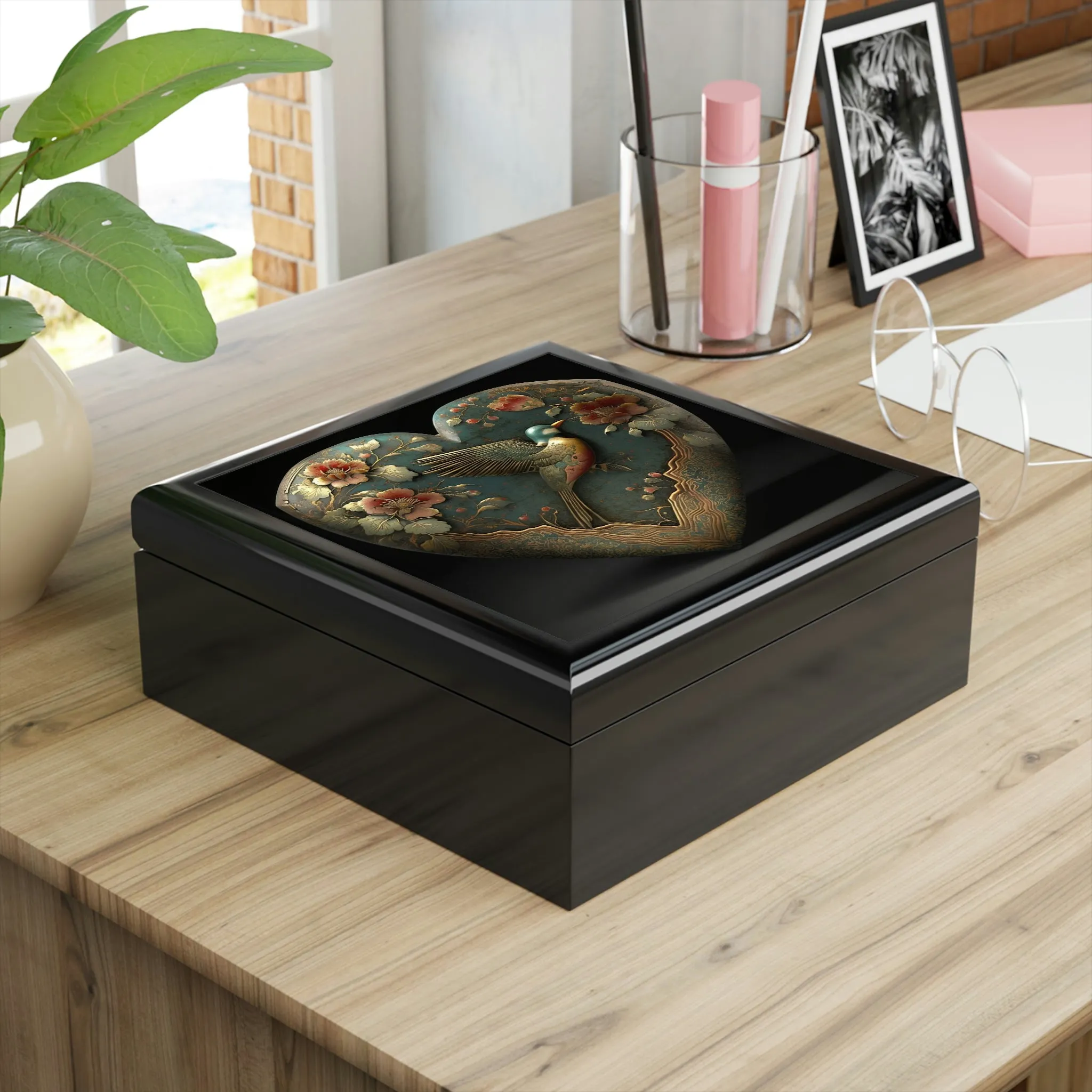 Antique Heirloom Heart Wood Keepsake Jewelry Box with Ceramic Tile Cover