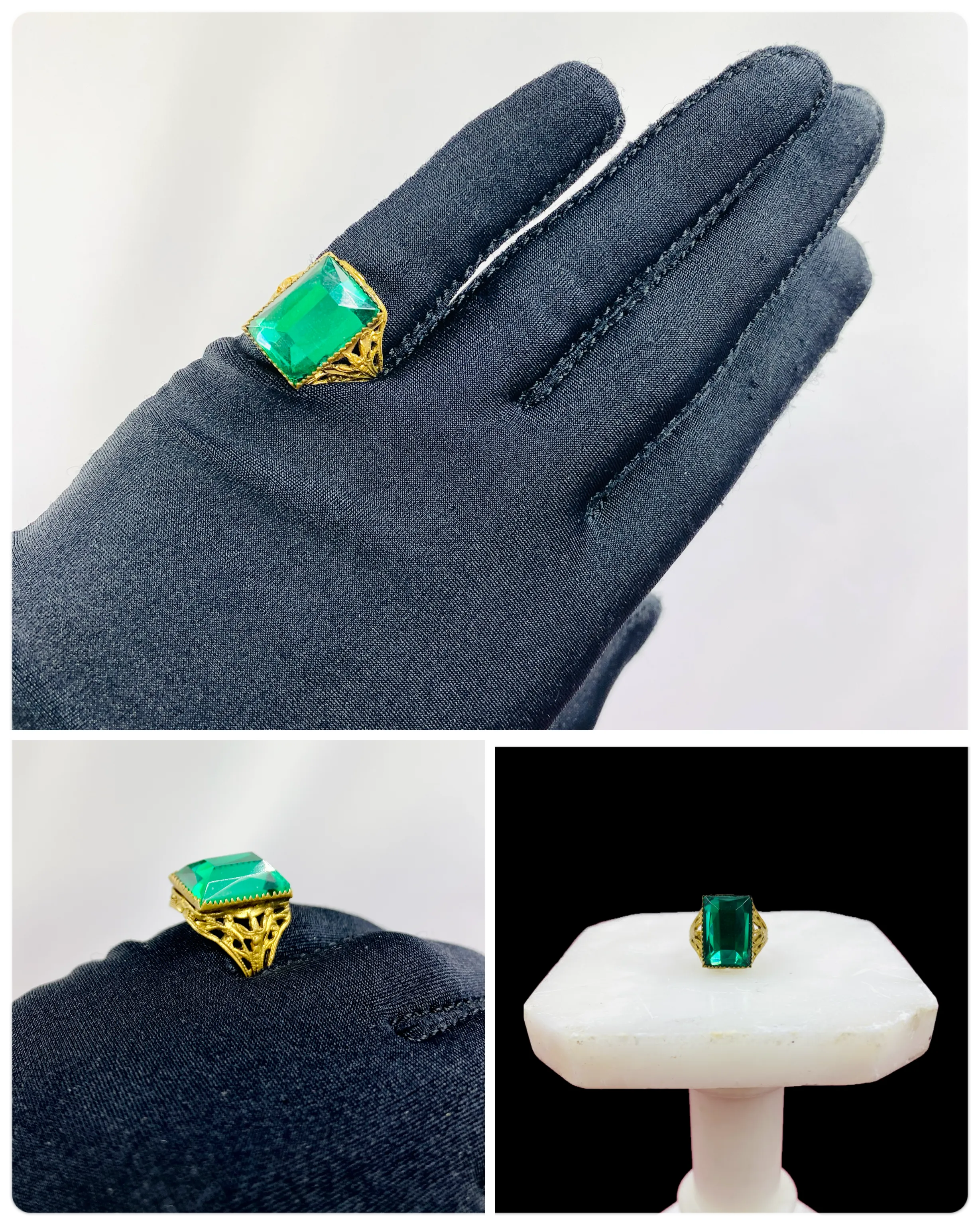 Antique Victorian Green Emerald-Cut Glass Filigree Ring, Size 6