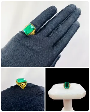 Antique Victorian Green Emerald-Cut Glass Filigree Ring, Size 6