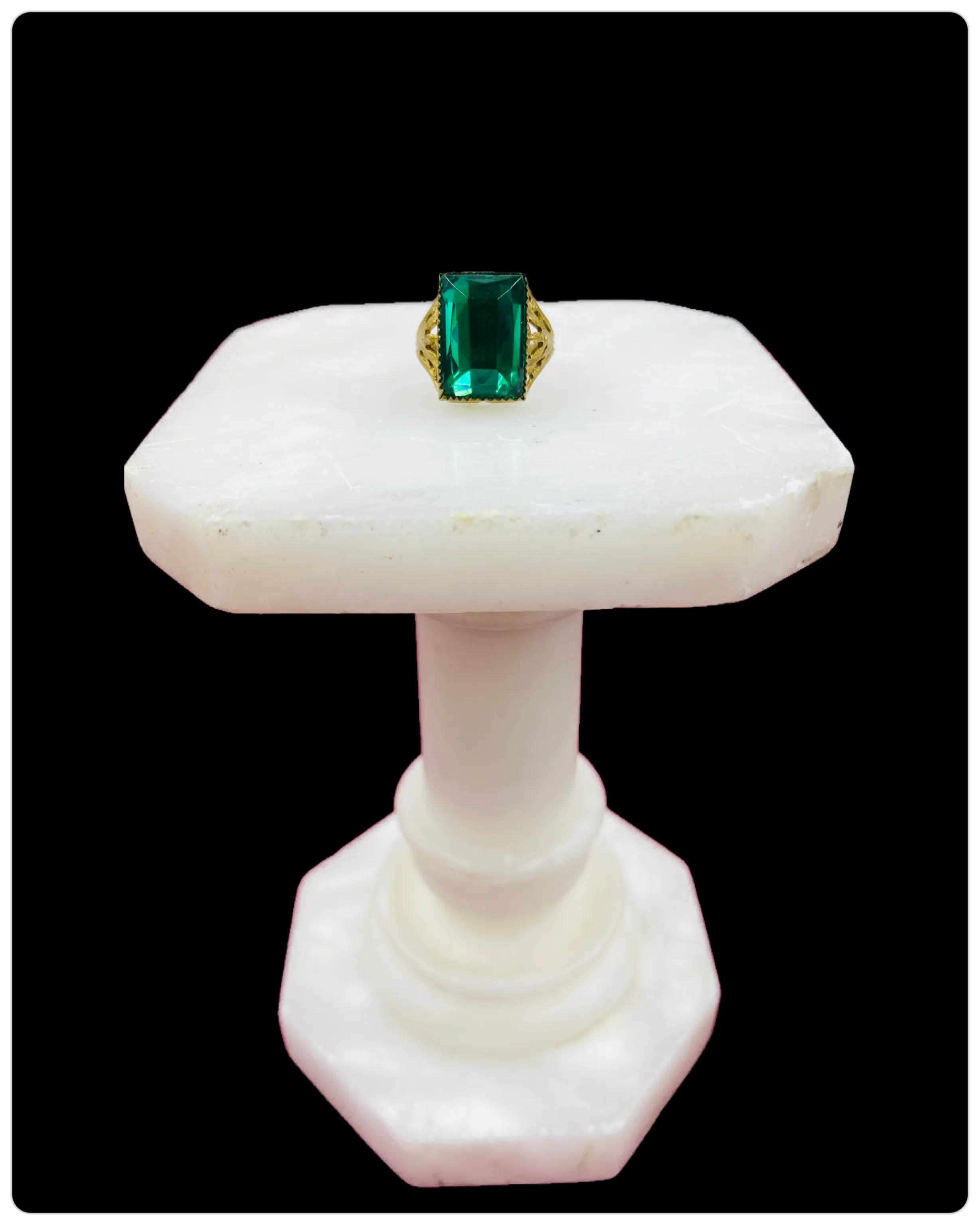 Antique Victorian Green Emerald-Cut Glass Filigree Ring, Size 6