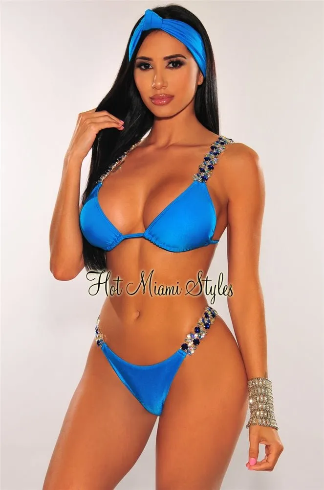Aqua Jeweled Tie Up Padded Bikini