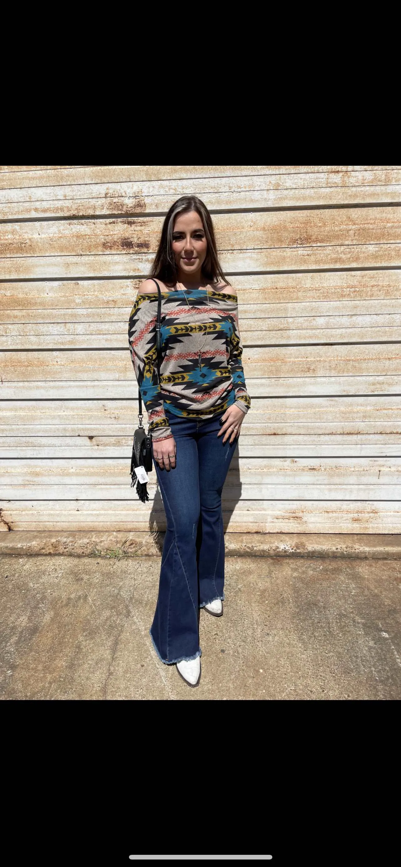AZTEC PRINTED BOAT NECK LONG SLEEVES KNIT TOP