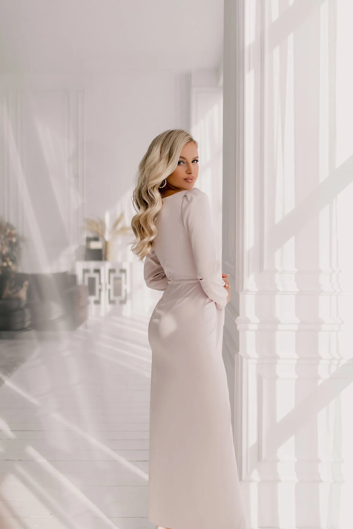Beige Satin Long Sleeve Maxi Dress