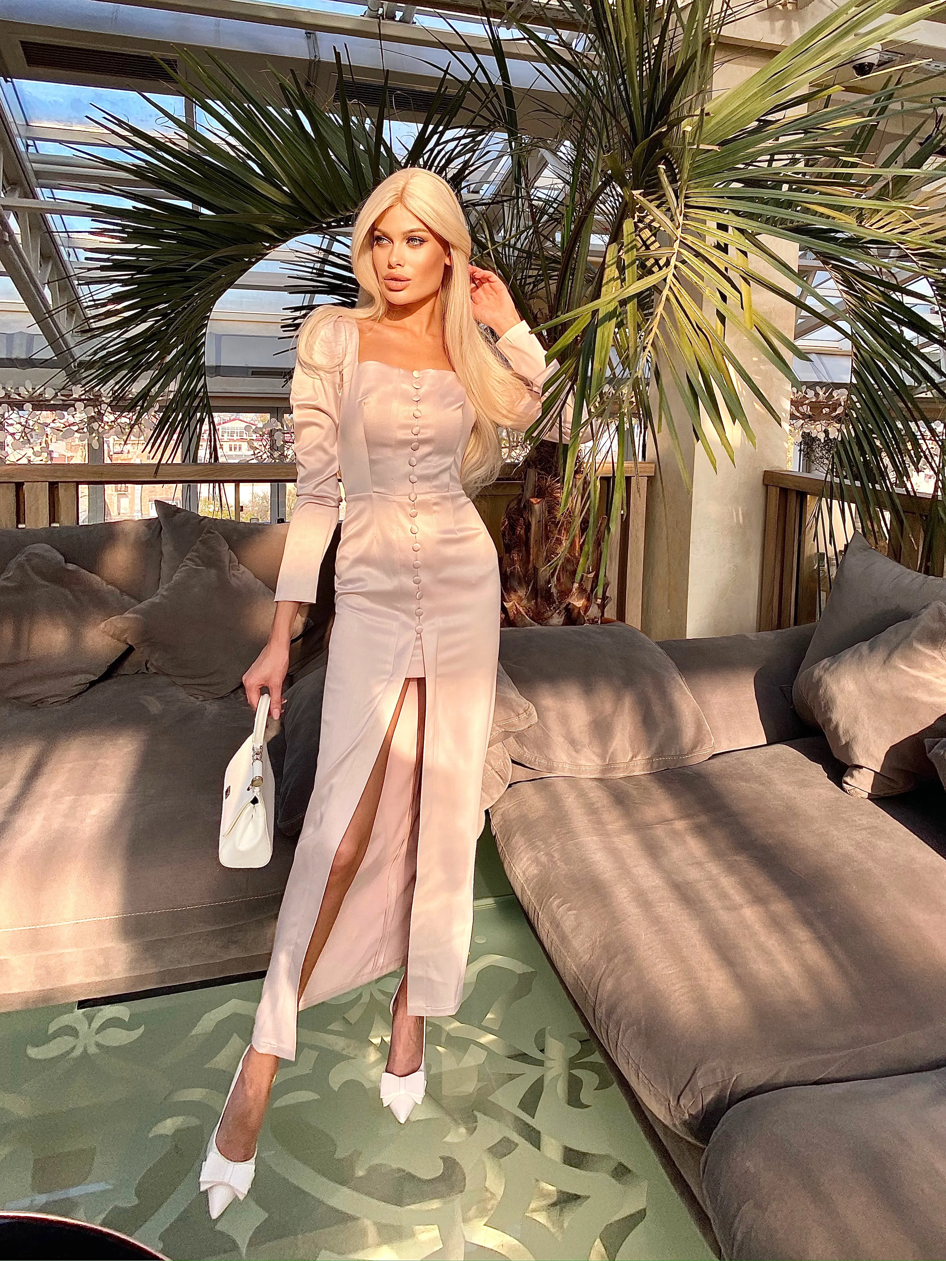 Beige Satin Long Sleeve Maxi Dress