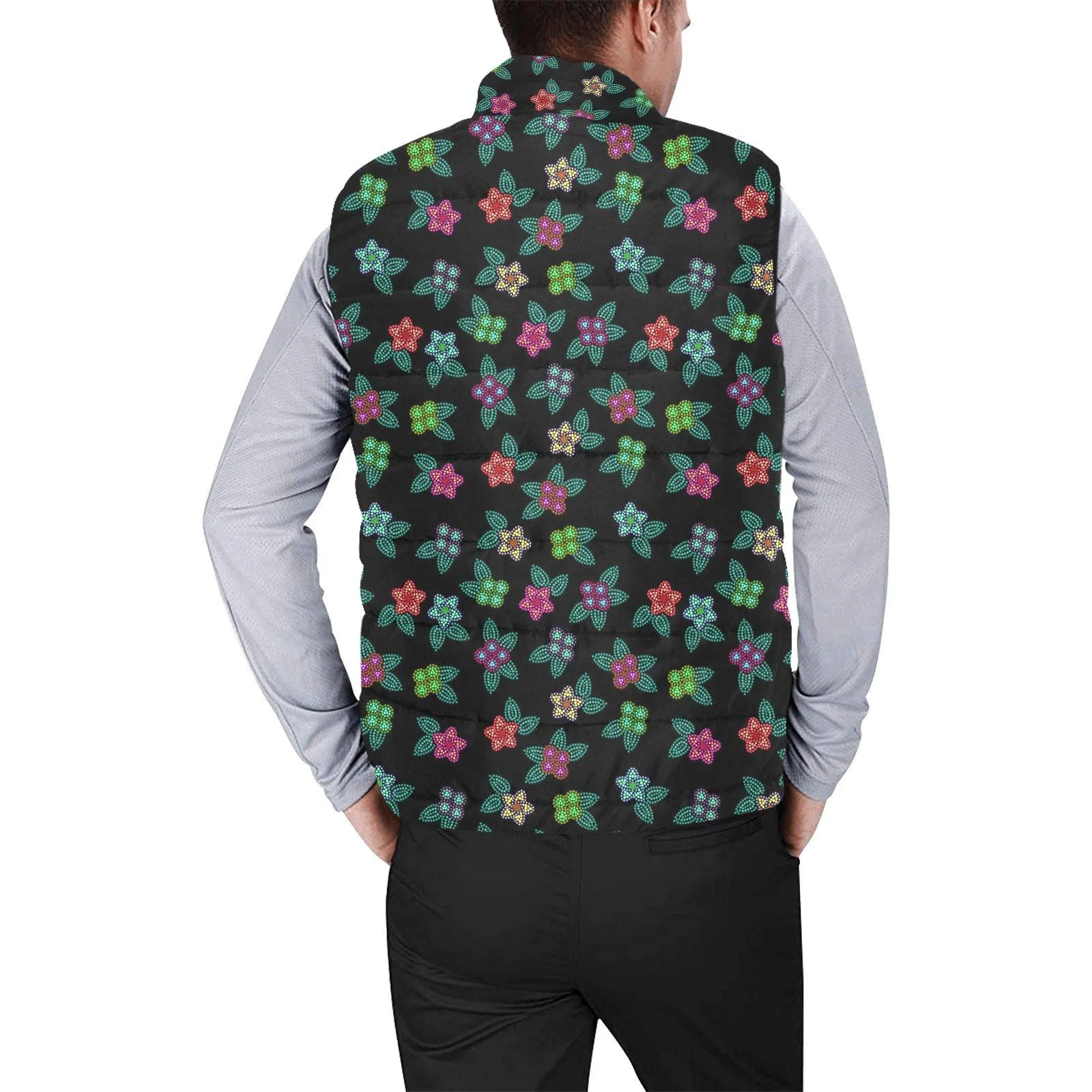 Berry Flowers Black Men's Padded Vest Jacket