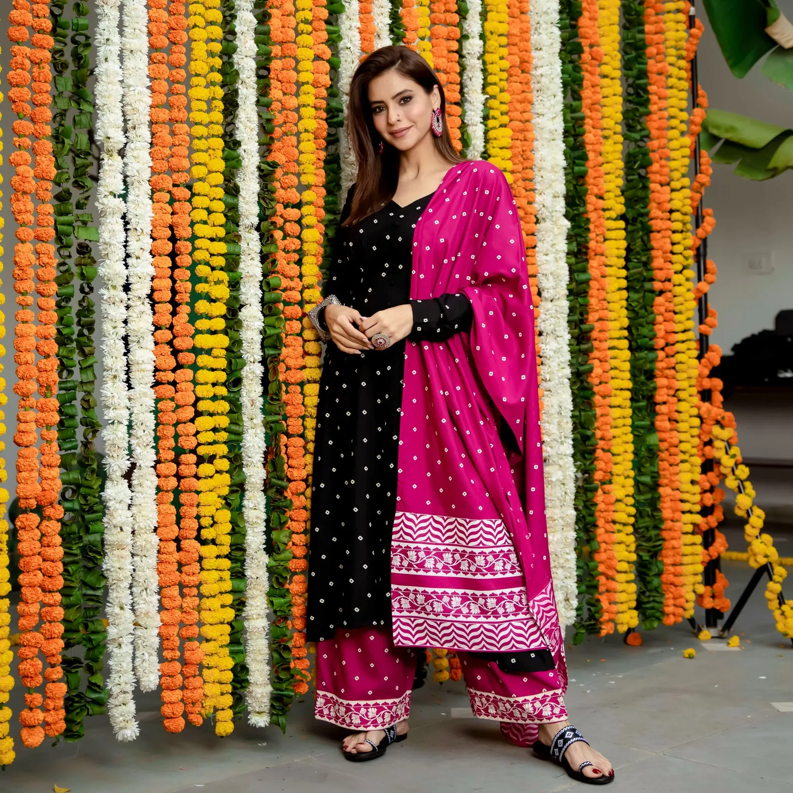Black & Pink Buttoned Kurta Dupatta Pant Set with Pompoms