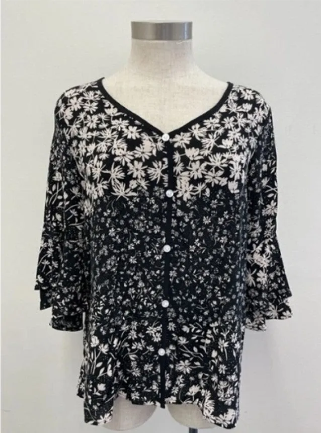 Black/Ivory Floral V-Neck Top - #6925-6930