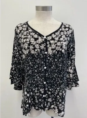 Black/Ivory Floral V-Neck Top - #6925-6930