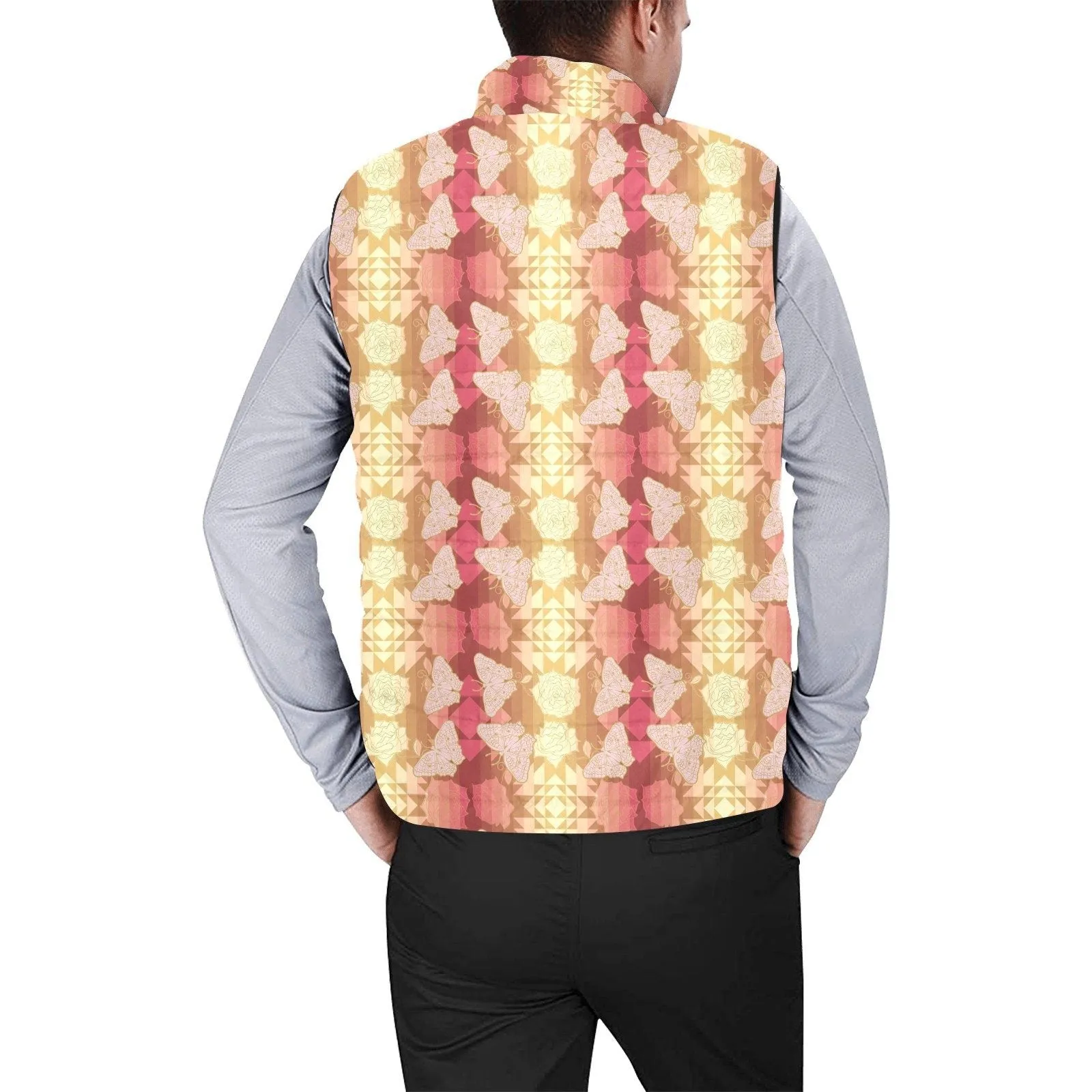 Butterfly and Roses on Geometric Men's Padded Vest Jacket