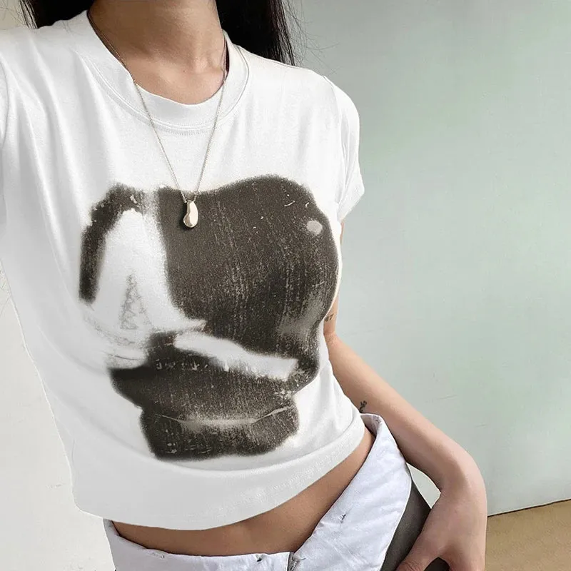 Casual Basic Vintage Bodycon Summer Women T-shirts Crop Top Korean Fashion Printed Slim Tee Clothes Short Sleeve