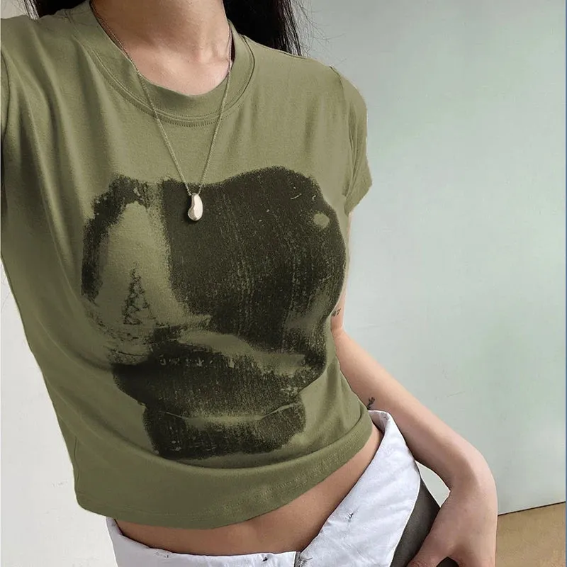 Casual Basic Vintage Bodycon Summer Women T-shirts Crop Top Korean Fashion Printed Slim Tee Clothes Short Sleeve