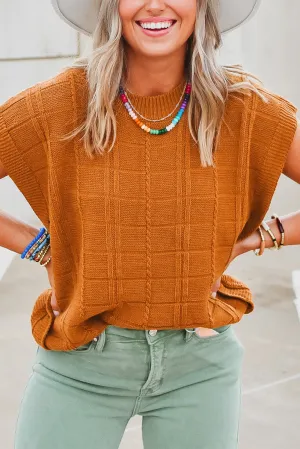 Chestnut Grid Textured Short Sleeve Sweater