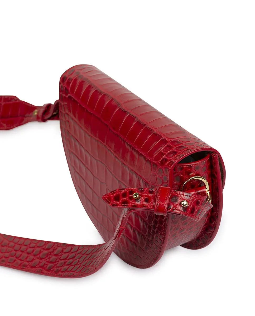Crocodile print Leather saddle bag - Red