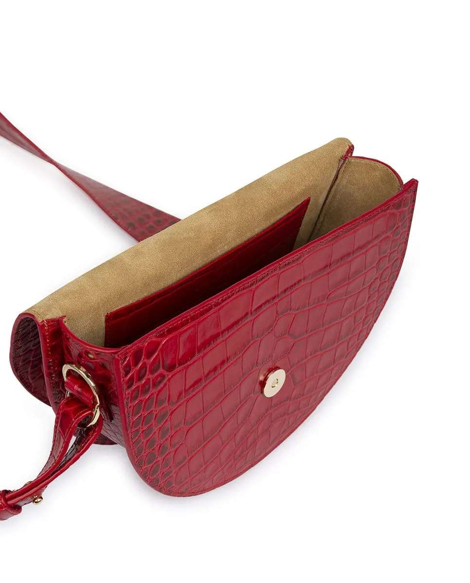 Crocodile print Leather saddle bag - Red