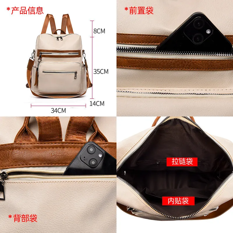 Cross-Border Women's Bag New Soft Leather Textured Backpack Korean Fashion Retro Schoolbag Simple Solid Color Trendy Travel Bag