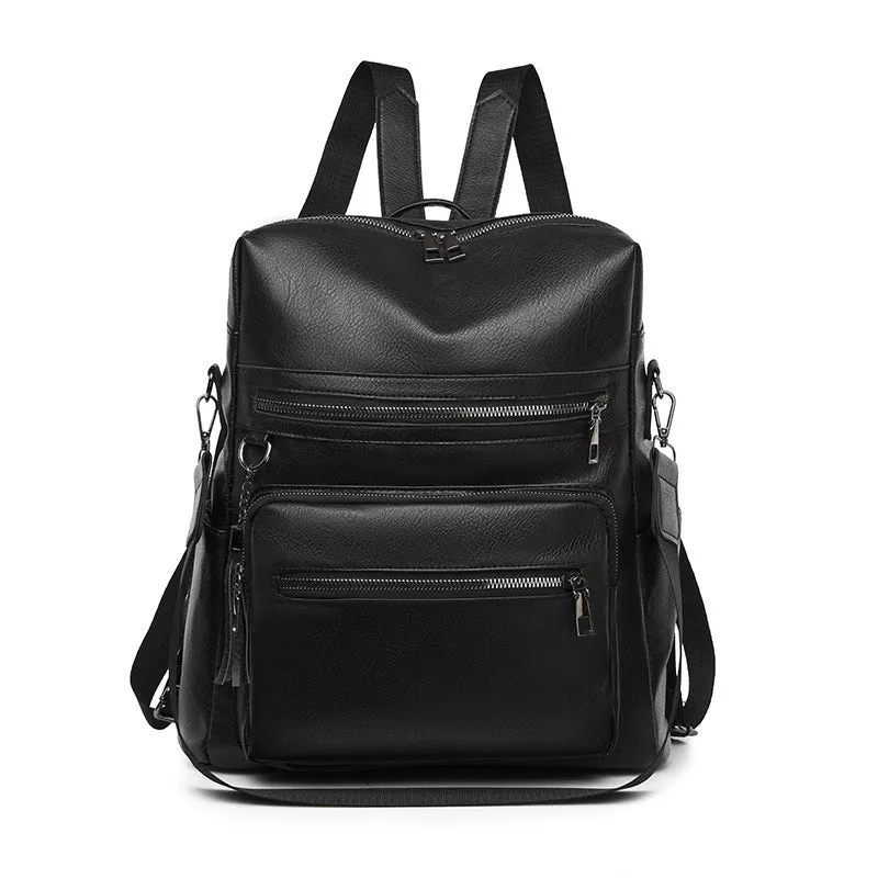 Cross-Border Women's Bag New Soft Leather Textured Backpack Korean Fashion Retro Schoolbag Simple Solid Color Trendy Travel Bag