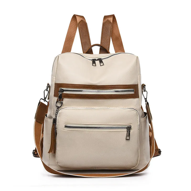 Cross-Border Women's Bag New Soft Leather Textured Backpack Korean Fashion Retro Schoolbag Simple Solid Color Trendy Travel Bag