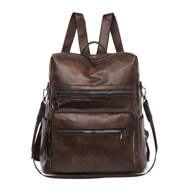 Cross-Border Women's Bag New Soft Leather Textured Backpack Korean Fashion Retro Schoolbag Simple Solid Color Trendy Travel Bag