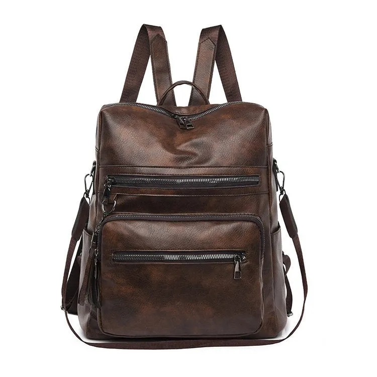 Cross-Border Women's Bag New Soft Leather Textured Backpack Korean Fashion Retro Schoolbag Simple Solid Color Trendy Travel Bag