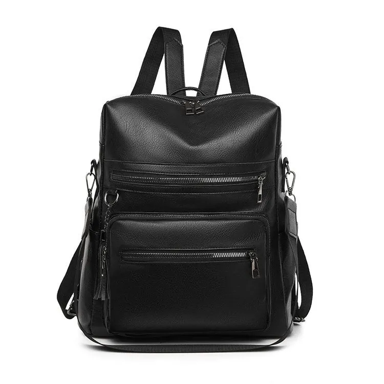 Cross-Border Women's Bag New Soft Leather Textured Backpack Korean Fashion Retro Schoolbag Simple Solid Color Trendy Travel Bag