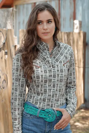 Cruel Denim Women's Cream Western Print Long Sleeve Snap Western Shirt CTW7466004