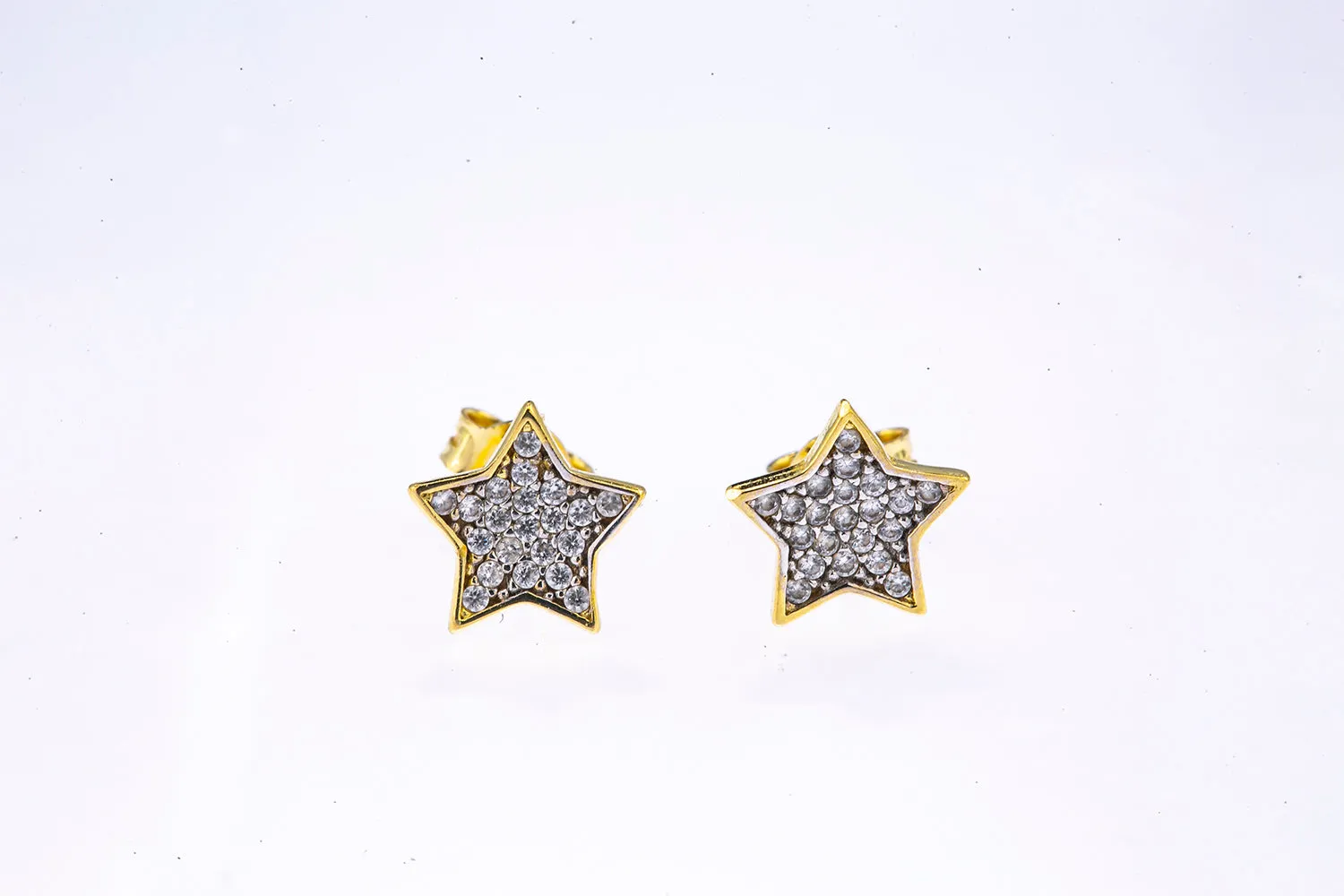 Cubic Zirconia Pave Star Studs 14K 585 Yellow & White Gold Pair of CZ Earrings