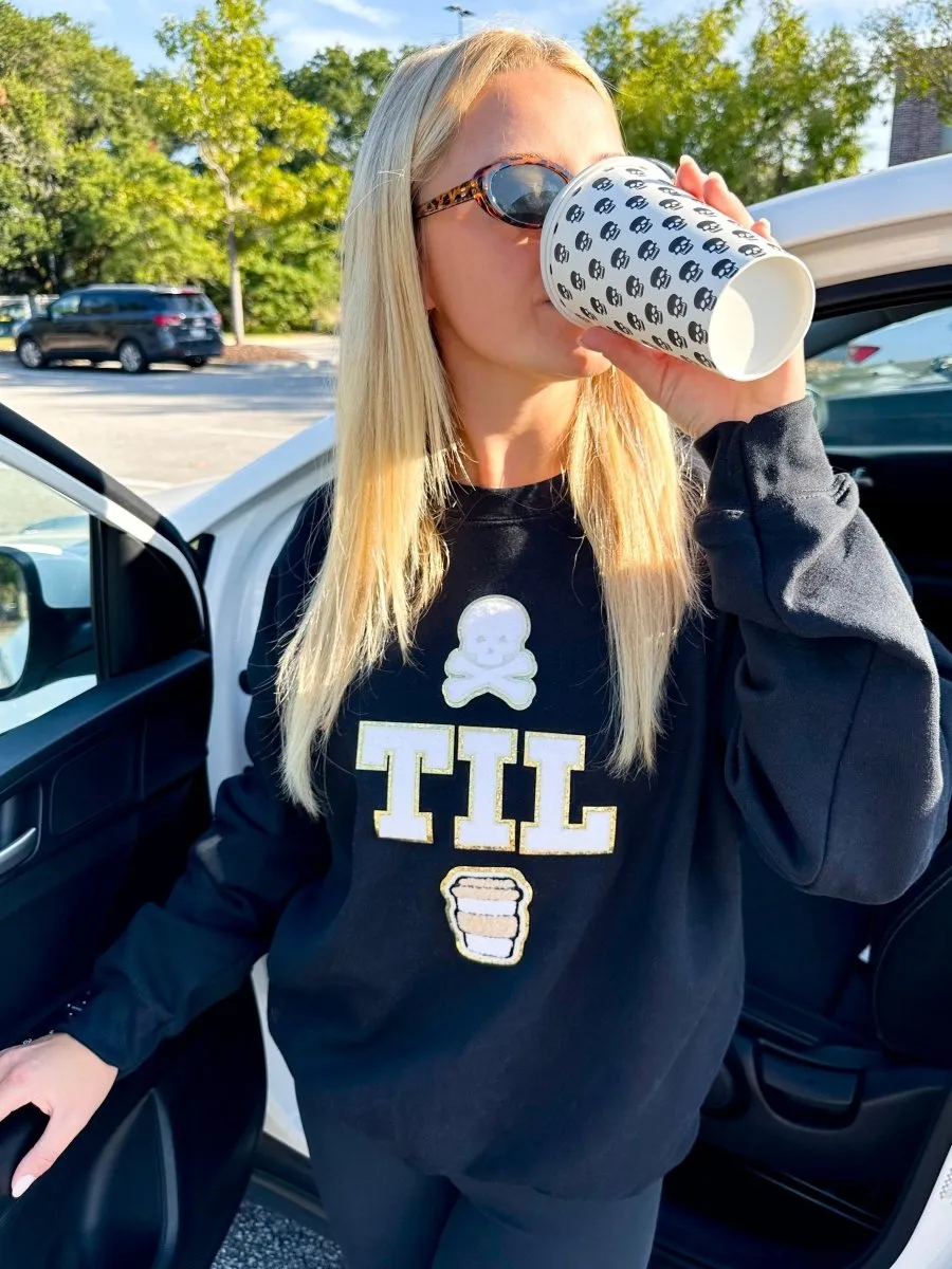 'Dead Til Coffee' Letter Patch Crewneck Sweatshirt