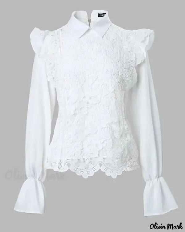 Deanwangkt - Womens Long Sleeve Lace Blouse with Ruffled Hem