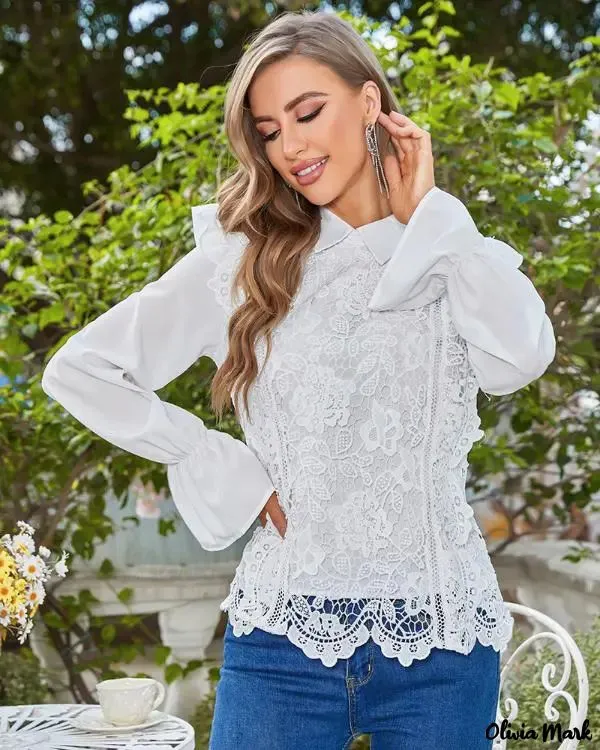 Deanwangkt - Womens Long Sleeve Lace Blouse with Ruffled Hem