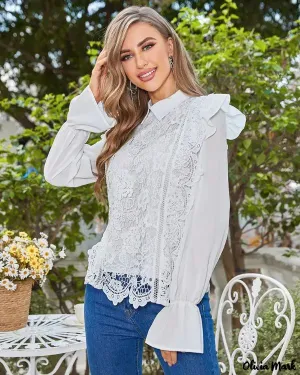Deanwangkt - Womens Long Sleeve Lace Blouse with Ruffled Hem
