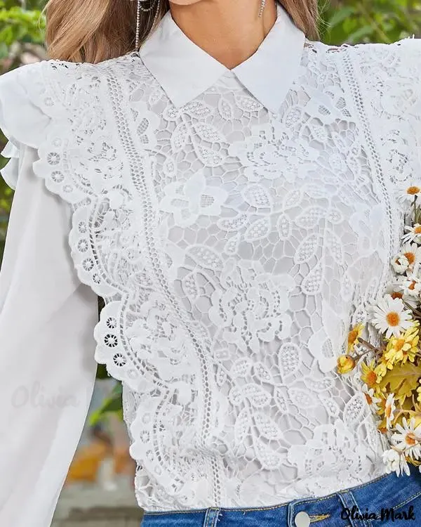 Deanwangkt - Womens Long Sleeve Lace Blouse with Ruffled Hem