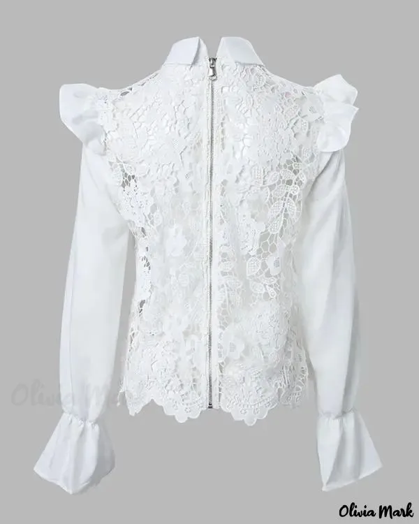 Deanwangkt - Womens Long Sleeve Lace Blouse with Ruffled Hem
