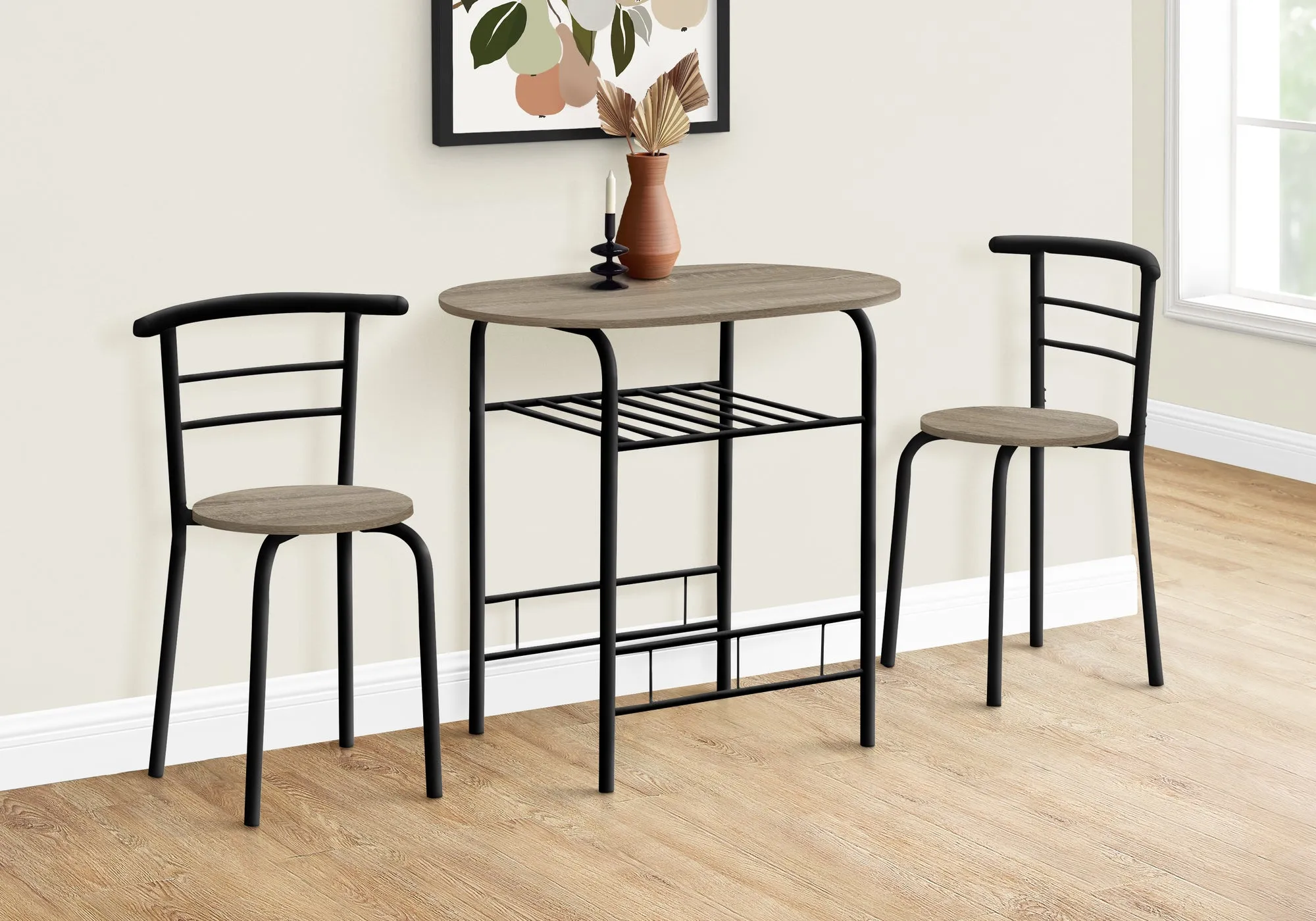 Dining Table Set, 3pcs Set, Small, 32" L, Kitchen, Brown Laminate, Black Metal, Contemporary, Modern