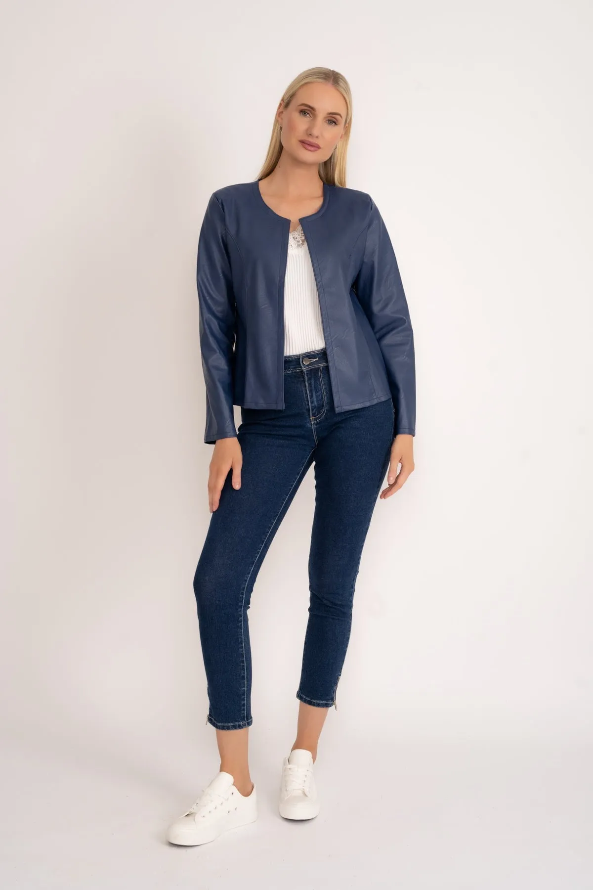 Edge To Edge Navy Faux Leather Jacket