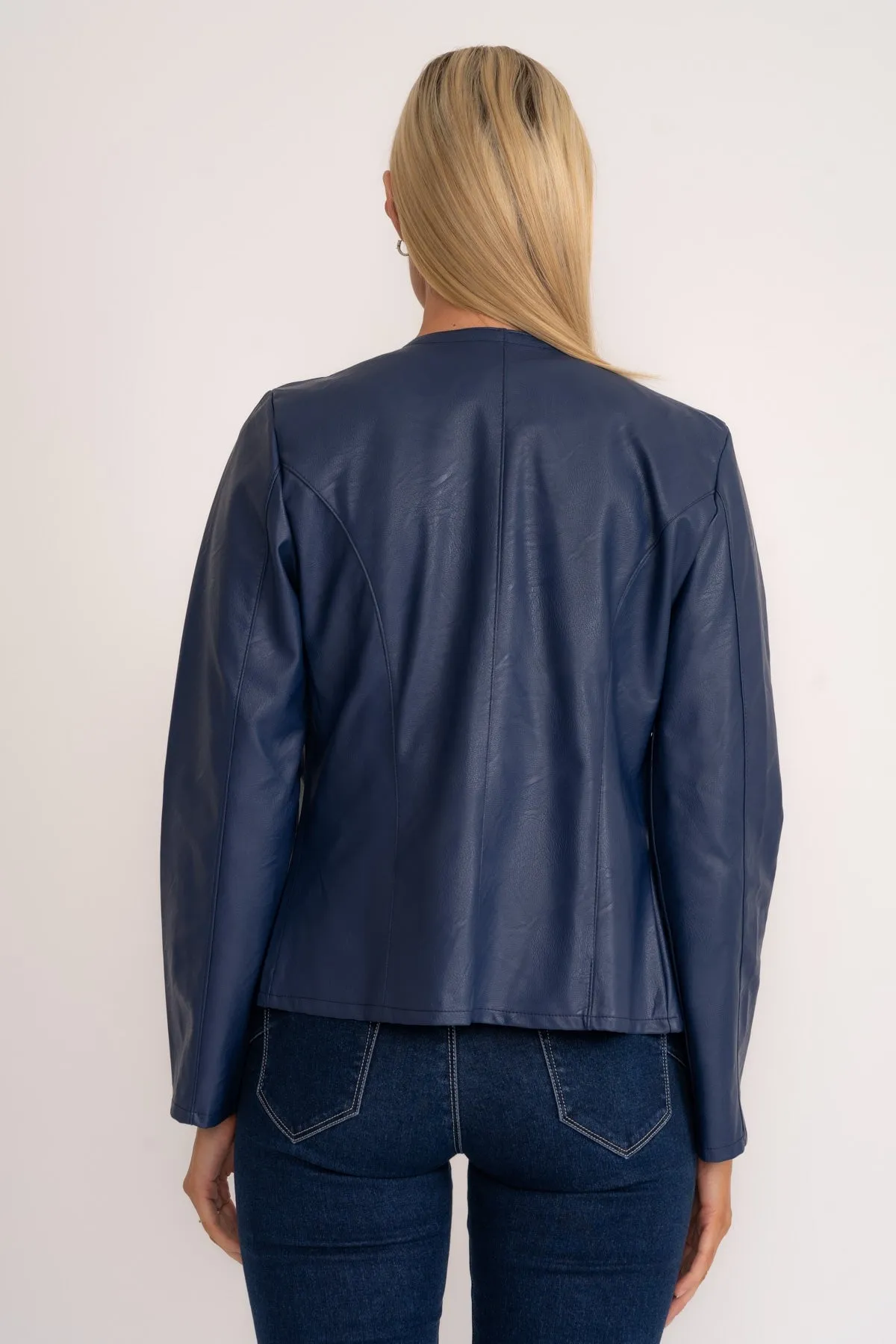 Edge To Edge Navy Faux Leather Jacket