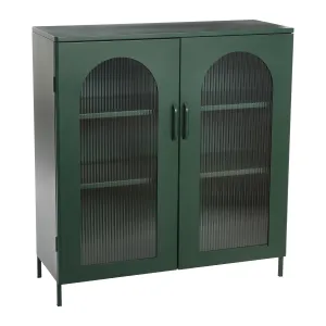 essential Solstice Wide Metal Accent Cabinet with 2 Adjustable Storage Shelves and Arched Glass Door, Dark Green