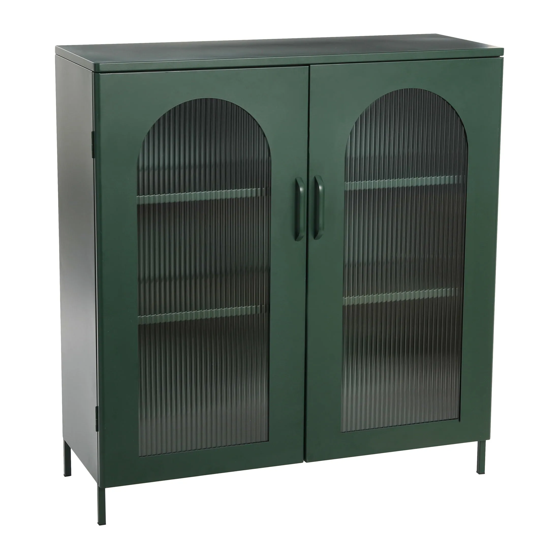 essential Solstice Wide Metal Accent Cabinet with 2 Adjustable Storage Shelves and Arched Glass Door, Dark Green