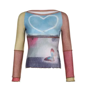 Fairycore Vintage Graphic T shirt Female Y2K Aesthetic Colorful Print Stitch Slim Long Sleeve Tee Baby 90s Top Kawaii