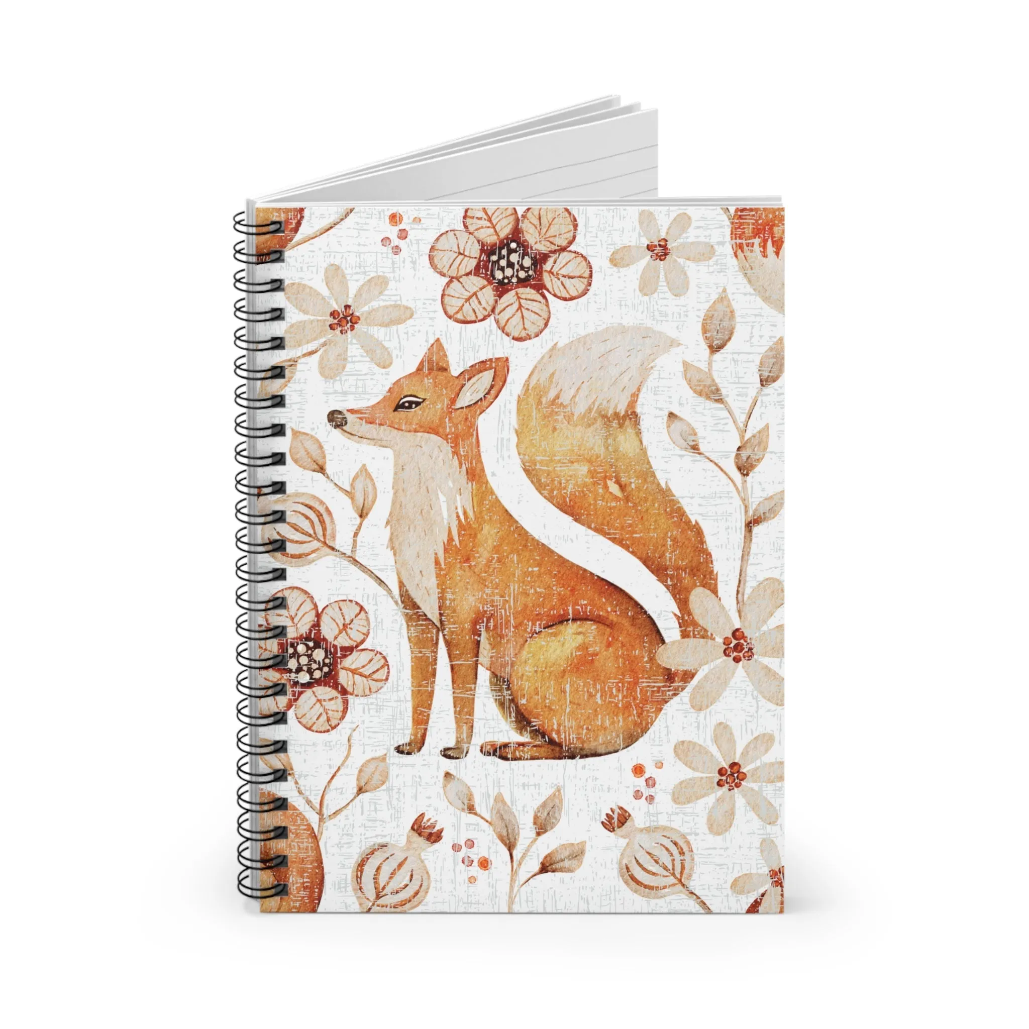 Fall Fox with White Floral Background Spiral Notebook - Ruled Line: Autumn Wildlife Design