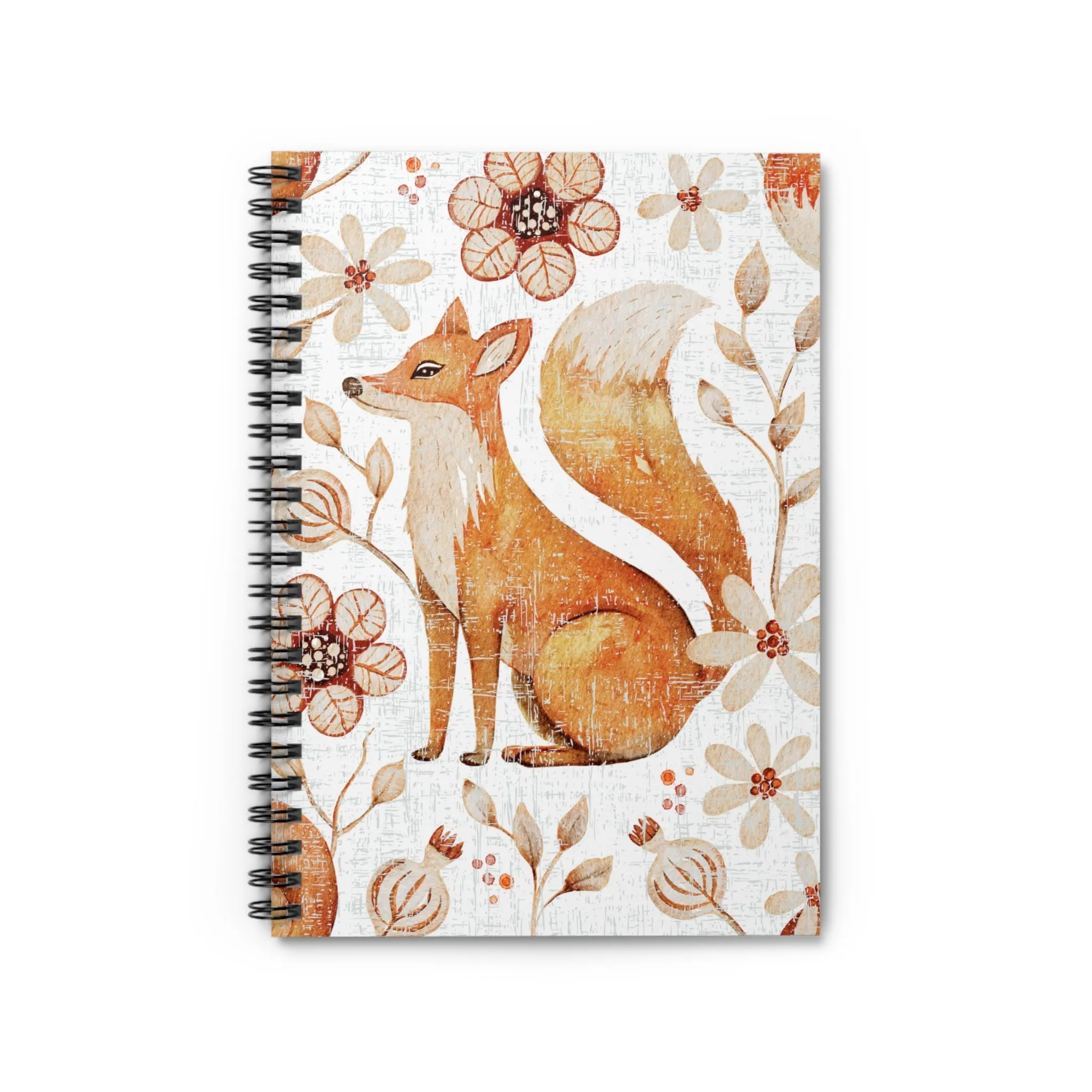 Fall Fox with White Floral Background Spiral Notebook - Ruled Line: Autumn Wildlife Design
