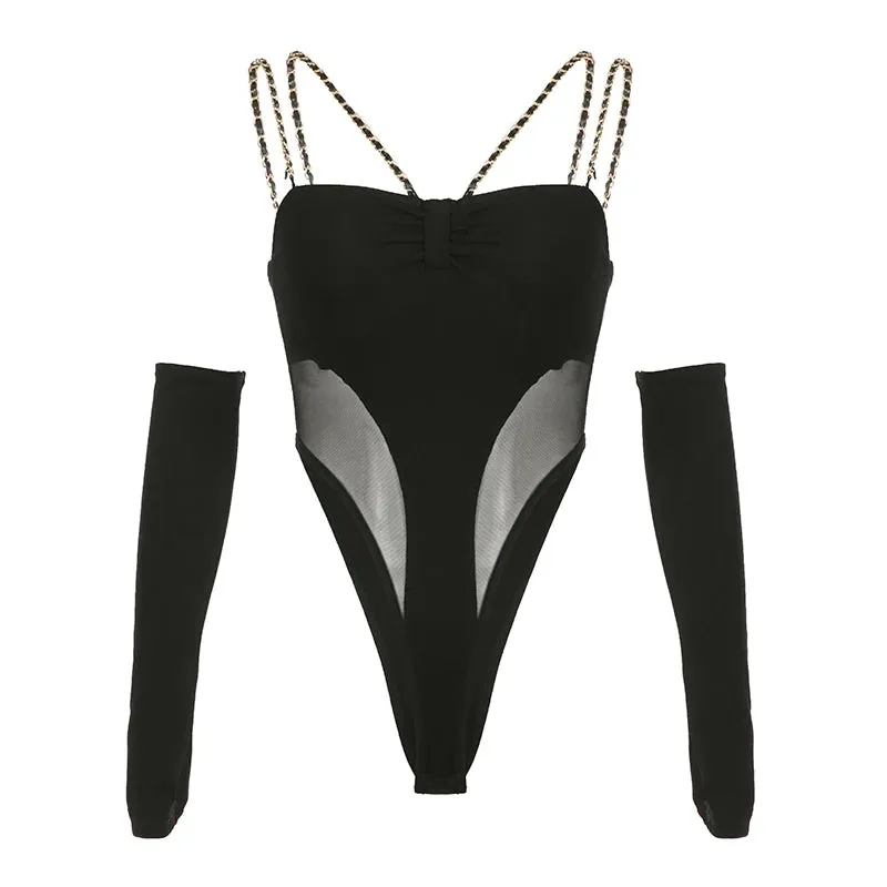 Fashion Metal Chain Strap Skinny Sexy Bodysuit Female Summer Mesh Patchwork Party Body Clubwear Rompers With Sleeve