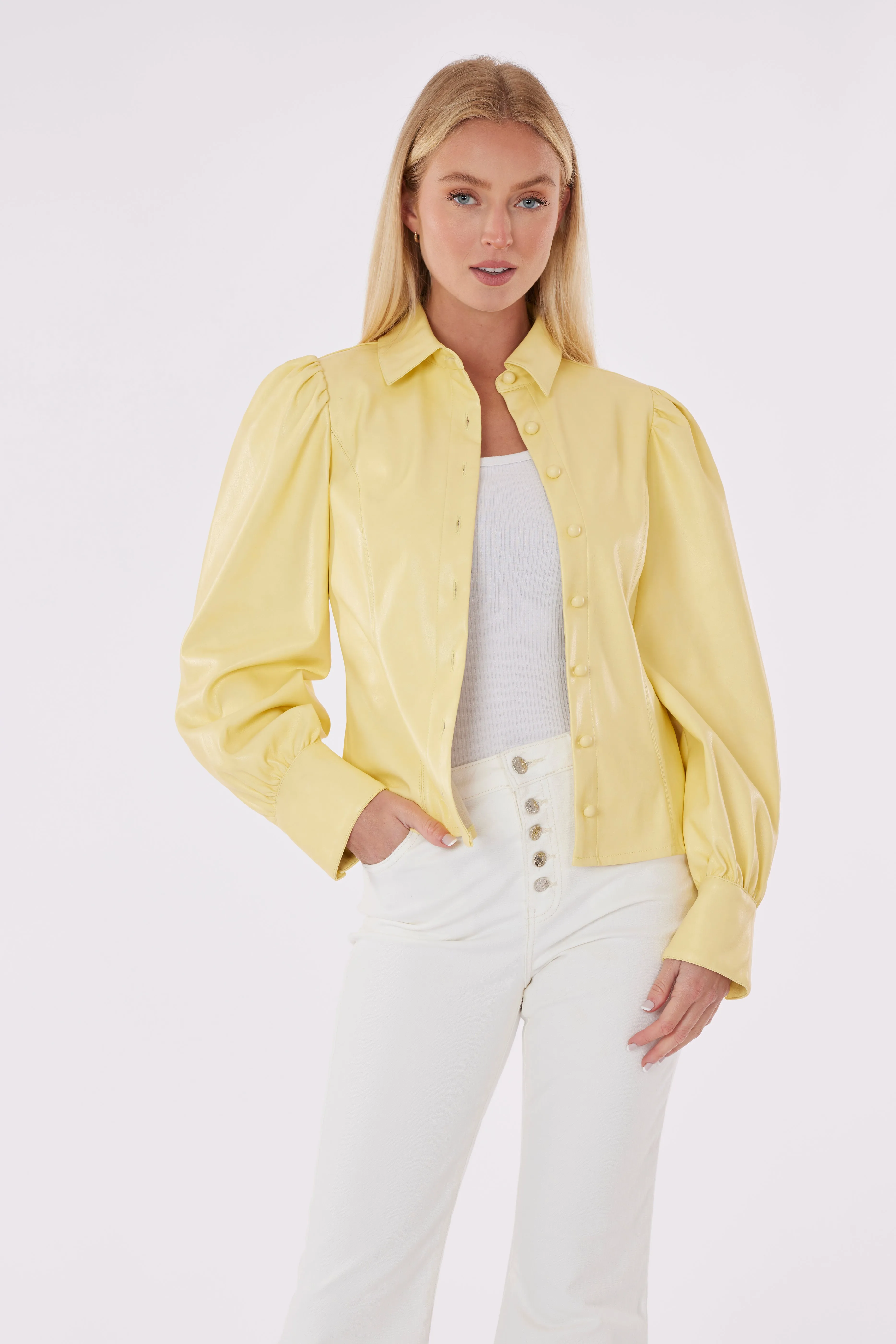 Faux Leather Button-Up Shirt with Puff Sleeves