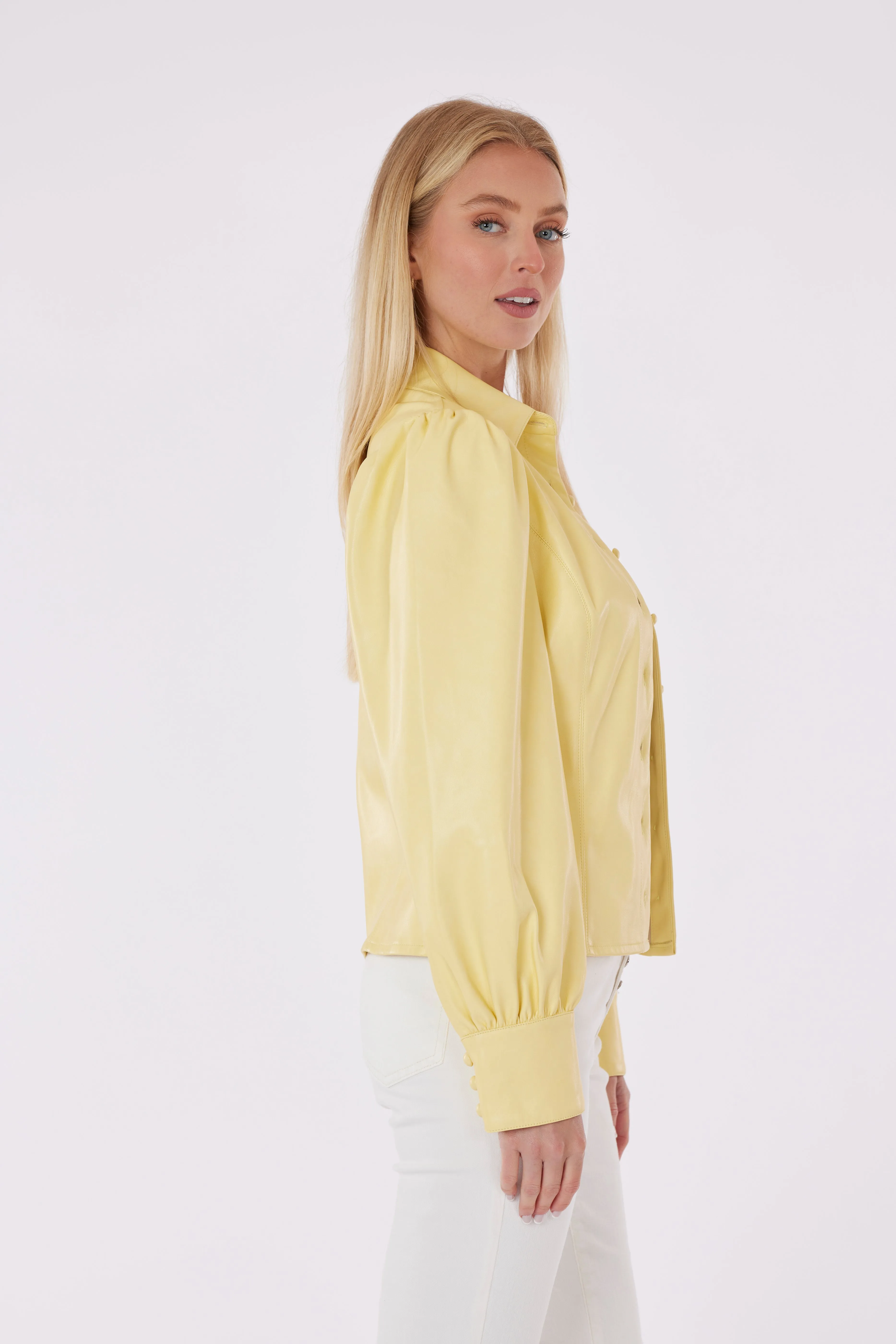 Faux Leather Button-Up Shirt with Puff Sleeves