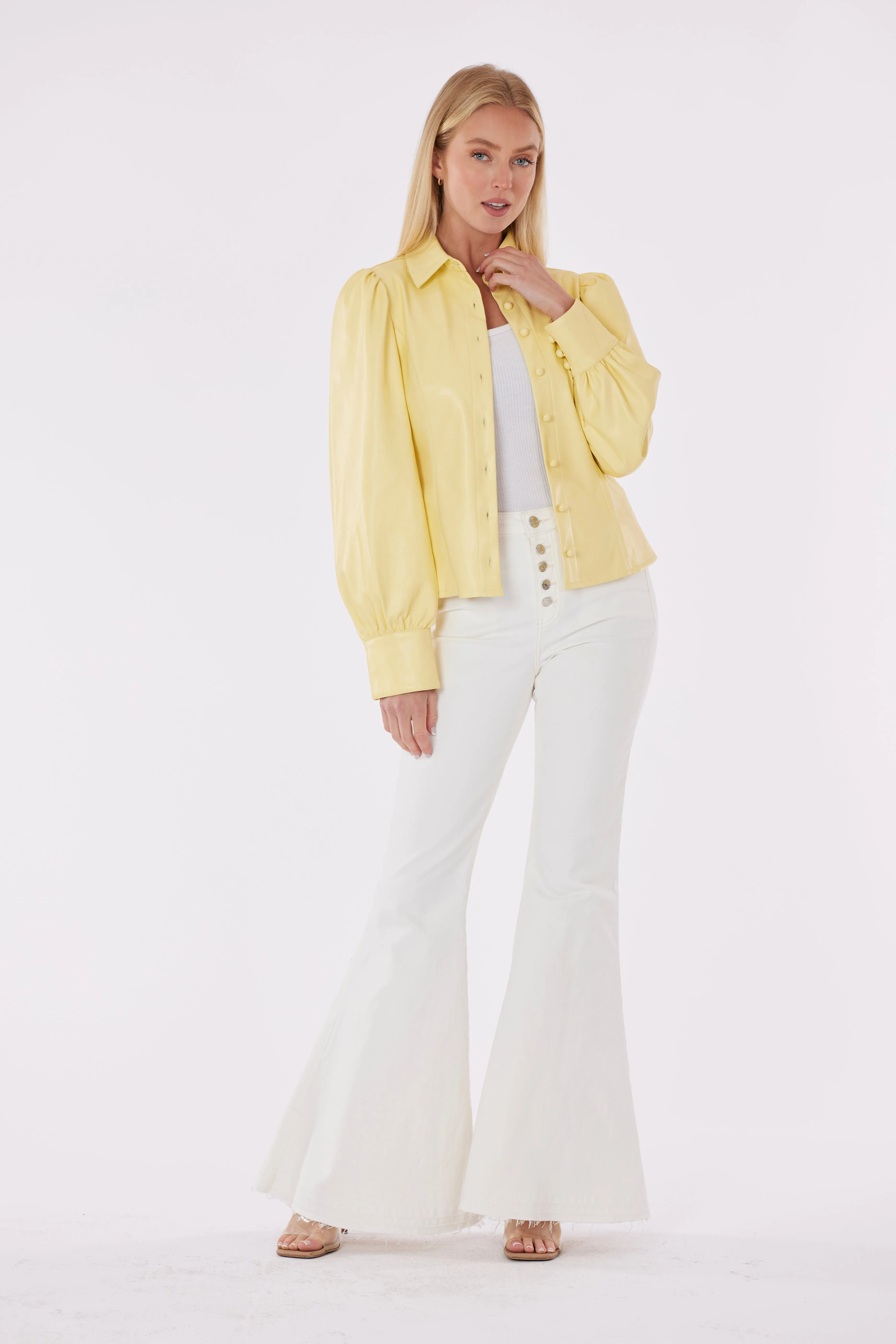 Faux Leather Button-Up Shirt with Puff Sleeves