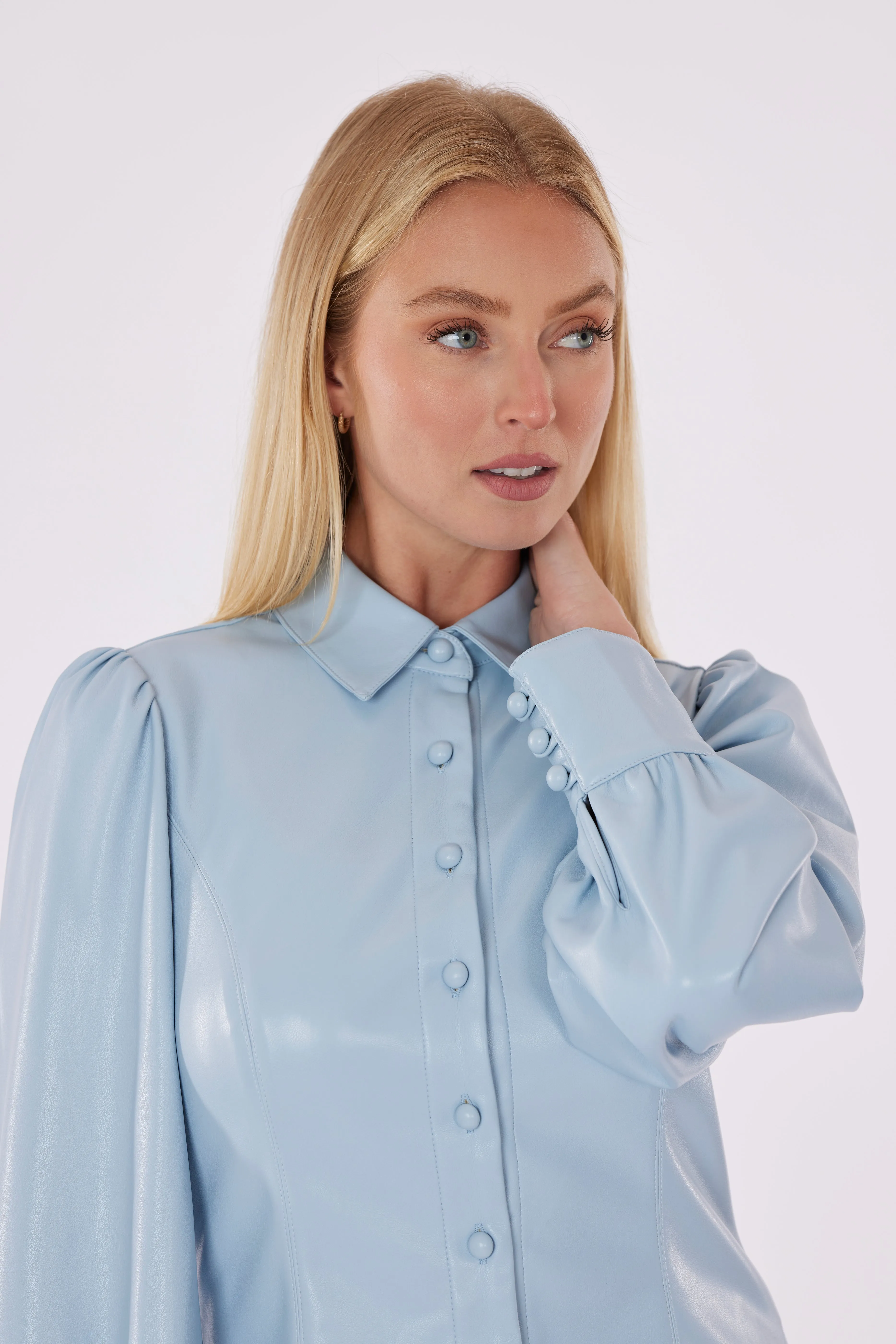 Faux Leather Button-Up Shirt with Puff Sleeves
